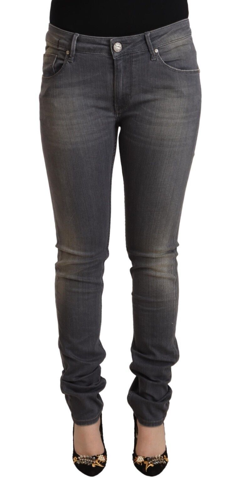 Acht Elegante dunkelgraue Skinny Jeans - niedrige Taille mit Reißverschluss